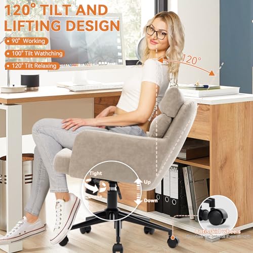 BALIAA Leather Home Office Desk Chair, Small Comfy Faux Leather Office Chair with Wheels, Modern Adjustable Swivel Desk Chair with Back Support & Black Swivel Base for Home, Bedroom, Study, Beige BALIAA