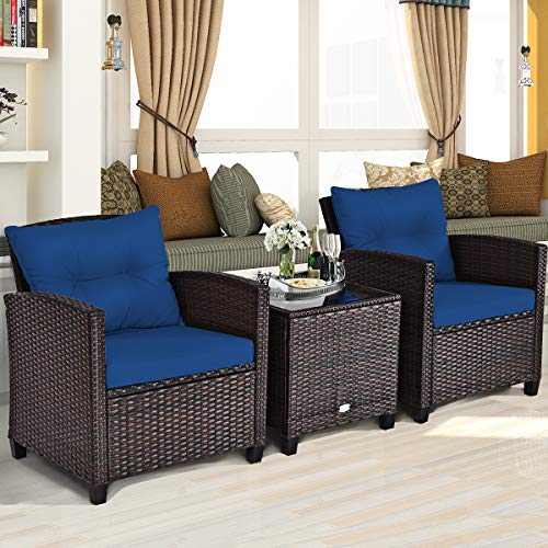 Tangkula 3 Pieces Patio Furniture Set, PE Rattan Wicker 3 Pcs Outdoor Sofa Set w/Washable Cushion and Tempered Glass Tabletop, Conversation Furniture for Garden Poolside Balcony (Blue) Tangkula