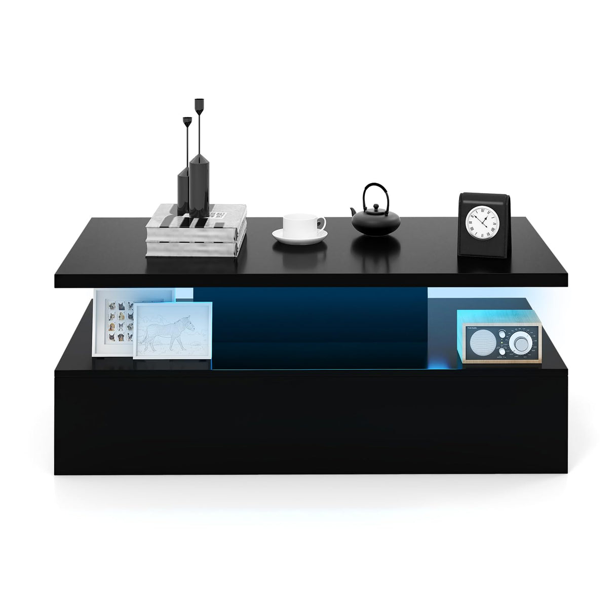 Giantex Modern LED Coffee Table - 2-Tier High Gloss Table w/Adjustable 20-Color Light, 8-Level Brightness & Speed, Remote Control, Contemporary 43.5”L Rectangular Center Table for Living Room (Black) Giantex