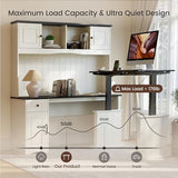 FEZIBO 60" L Shaped Executive Standing Desk with Hutch and Storage Cabinet, Farmhouse Standing Desk with Charging Station, Reversible Home Office Workstation, Antique White FEZIBO