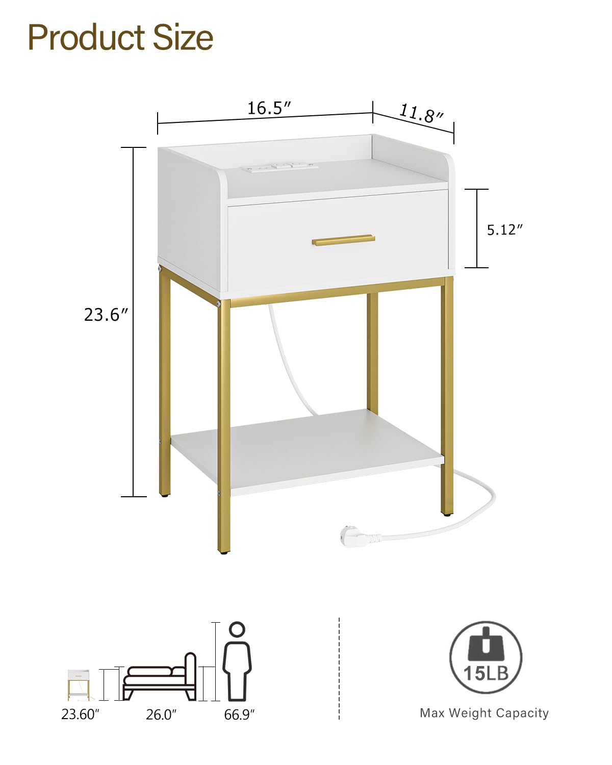 Masupu Nightstand with Charging Station,3-Tier Modern Bedside Night Stand with Storage Drawer and Shelf,Small End Side Table for Bedroom,Living Room,White Masupu