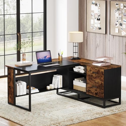 Tribesigns 63" L-Shaped Executive Desk, Large Office Desk with Drawers and Shelves, Rustic Long Business Furniture Desk with File Cabinet Storage Space, Home Office Workstation, Brown & Black - WoodArtSupply