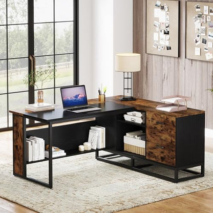 Tribesigns 63" L-Shaped Executive Desk, Large Office Desk with Drawers and Shelves, Rustic Long Business Furniture Desk with File Cabinet Storage Space, Home Office Workstation, Brown & Black - WoodArtSupply