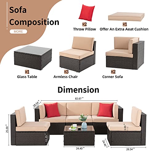 Shintenchi 6 Pieces Patio Furniture Sets Outdoor All-Weather Sectional Patio Sofa Set PE Rattan Manual Weaving Wicker Patio Conversation Set with Glass Table&Ottoman Cushion and Red Pillows, Beige Shintenchi