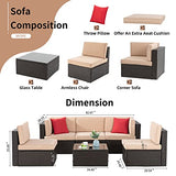 Shintenchi 6 Pieces Patio Furniture Sets Outdoor All-Weather Sectional Patio Sofa Set PE Rattan Manual Weaving Wicker Patio Conversation Set with Glass Table&Ottoman Cushion and Red Pillows, Beige Shintenchi