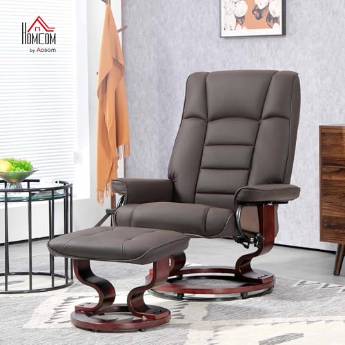 HOMCOM Faux Leather Reclining Chair, Swivel Ottoman Chair, Recliner with Ottoman with High Back and Wood Frame for Living Room, Brown HOMCOM