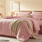 Laojin Balhen Twin Comforter Set 5 Pieces, Pink Seersucker Bed in a Bag Set Twin Size, All Season Luxury Bedding Sets with Comforter, Sheets, Pillowcase & Sham Laojin Balhen