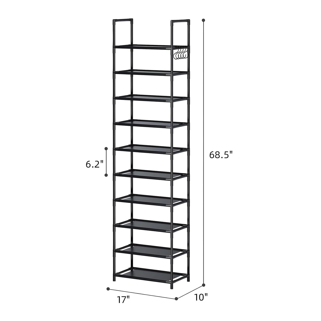 Cuandte 10 Tier Shoe Rack, Tall Narrow Shoe Rack for 20-25 Pairs of Shoes, Removable Stackable Metal Shoe Storage Rack, Non-Woven Fabric Shelves, Easy to Assemble, for Closet Entryway Bedroom Cuandte
