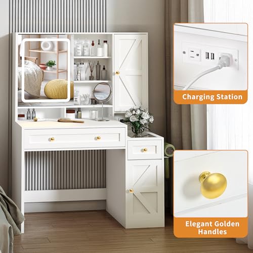 Pamapic Glass Top Sliding Mirror Vanity Desk with Lights, Makeup Vanity with Jewelry Storage, 3 Drawers, 12 Compartments, Golden Handles, 3 Color Dressing Table with Charging Station, Bedroom, White Pamapic