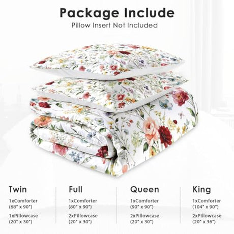 WeCozy Queen Size Comforter Set with 2 Pillowcases, Wildflower Flower Floral 3 Pcs Bedding for Kids and Adults, Boho Watercolor Butterfly Soft Comforter Set for Bedroom Bed Decor WeCozy