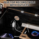 BIZOEIRON Record Player Stand with Flip-Top & Drawers, Vinyl Storage Cabinet with Outlet, Wood Media Console Table for Vinyl Records Storage, Assembly Required, Black BIZOEIRON