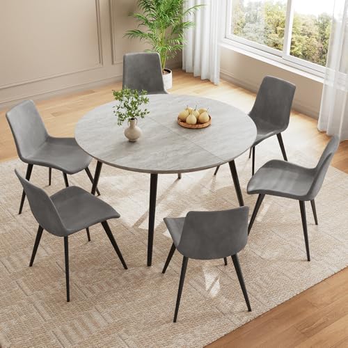 HIPIHOM 43.3"-59.1" Extendable Round Dining Table Set, Kitchen Table for 6 Person with Scratch-Resistant Thickened MDF Board, Gray Coffee Table w/Metal Legs HIPIHOM