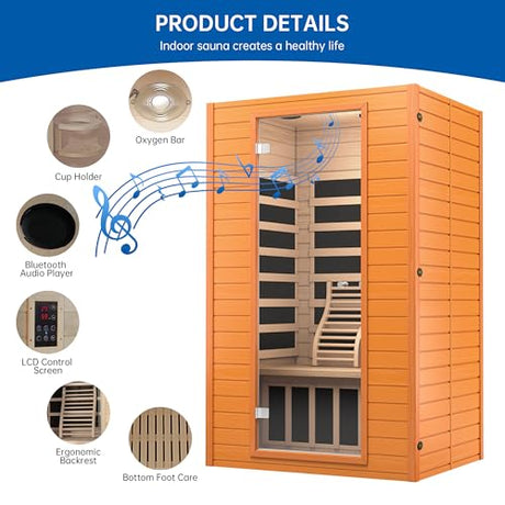 RESTISLAND Infrared Sauna Room for Home, Near Zero EMF Wooden 2 Person Indoor Infrared Sauna at Home with Bluetooth, LCD Control Panel, Chromo Therapy Light RESTISLAND