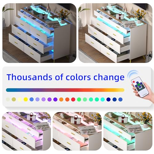 PAKASEPT White Dresser with LED Lights for Bedroom,8 Drawer Dressers with Tempered Glass Top,Chests of Drawers with 2 Grid Drawer,Storage Organizer Dresser for Hallway,Living Room PAKASEPT