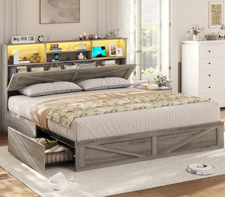 VIAGDO Farmhouse Bed Frame King Size with Bookcase Storage Headboard, Charging Station and LED Lights, Wooden King Bed Frame with 4 Drawers, Barn Door Design, No Box Spring Needed, No Noise, Grey VIAGDO