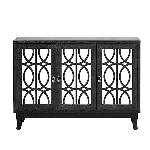 WOODRK Wooden Storage Glass 3 Door Mirrored, Buffet Cabinets Sideboard with Silver Handle, for Living, Hallway, Dining Room, Easy Assembly, Black