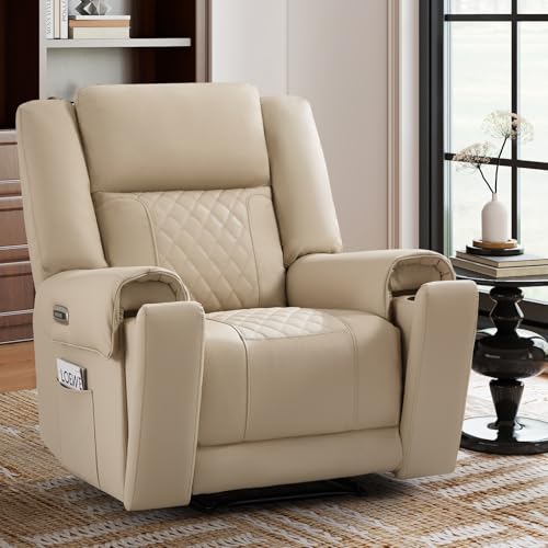 ANJ Top-Grain Genuine Leather Power Recliners for Adults, Dual Motor Electric Recliner Chairs with Power Headrest & 2 Cup Holders, Overstuffed Heavy Duty Reclining Sofa for Living Room Bedroom, Beige