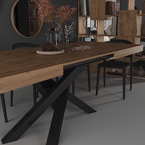Mobili Fiver, Emma 160 Extendable Dining Table, Rustic Oak with Black Crossed Legs, Laminate-Finished/Iron, Made in Italy Mobili Fiver