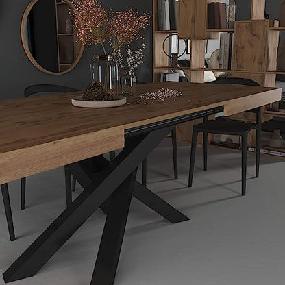 Mobili Fiver, Emma 160 Extendable Dining Table, Rustic Oak with Black Crossed Legs, Laminate-Finished/Iron, Made in Italy - WoodArtSupply