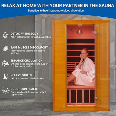RESTISLAND Infrared Sauna Room for Home, Near Zero EMF Wooden 2 Person Indoor Infrared Sauna at Home with Bluetooth, LCD Control Panel, Chromo Therapy Light RESTISLAND
