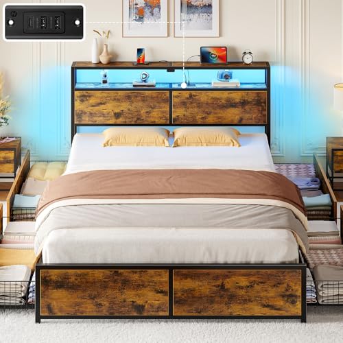 Rolanstar Queen Bed Frame with 4 Storage Drawers, Charging Station and LED Lights, Metal Platform Bed with 2-Tier Storage Headboard, No Box Spring Needed, Easy Assembly, Noise-Free, Rustic Brown Rolanstar
