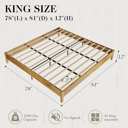 Timeless Mid-Century King Size Solid Wood Bed Frame with No Headboard AMERLIFE