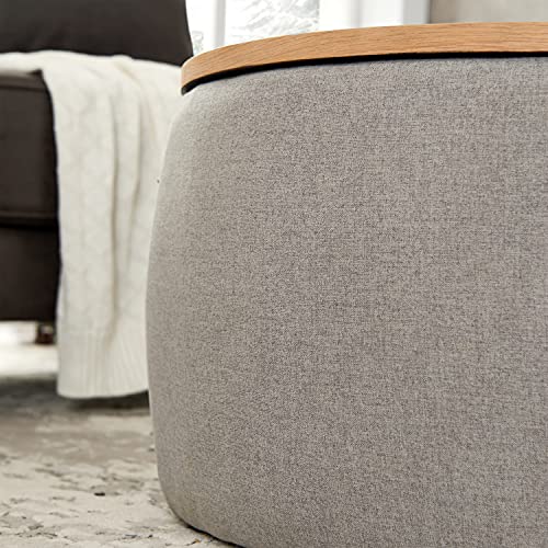 Modern Round Storage Ottoman with Wooden Lid,Circle Ottoman Handmade Ottoman Coffee Table,End Table & Footstool for Living Room (Light Gray)