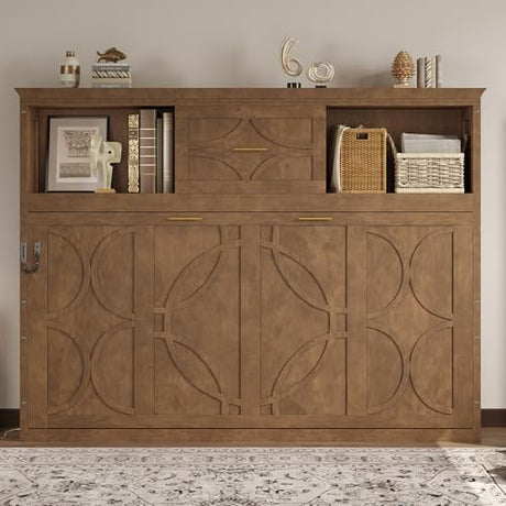 Merax Farmhouse Wood Murphy Bed with Charging Station, Modern Wall Bed with Top Cabinet & Drawer, No Box Spring Needed/Space Saving, Twin, Wood Color Merax