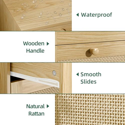 infurnic 3 Drawer Rattan Dresser for Bedroom, Modern Wooden Dresser Chest with Handles for Bedroom, Hallway and Living Room, Wood Oak - WoodArtSupply