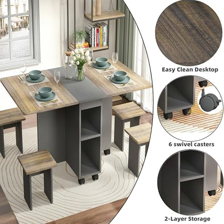 5 Pieces Folding Dining Table Set for 4-6 People,55 Inch Folding Dinner Table with 4 Chairs -Space-Saving Kitchen Dining Set with 6 wheels and 2-Layer Storage Shelf for Dining Room Small Apartment SYMCAVE