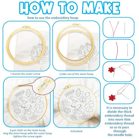 ACRNIGHEET 5PCS Embroidery Kit for Beginners Adults, Mushroom Embroidery Kit, Embroidery Starter Kit with Instructions, Including 5 Stamped Embroidery Cloth Hoops Threads, Crafts Gift Idea ACRNIGHEET
