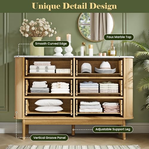 Pamapic Fluted Sideboard Buffet Cabinet, 47" Storage Cabinet with Curved Profile Design & Faux Marble Top, Modern Credenza with 6 Drawers, Wood Buffet Console Table for Living Room, Hallway, Natural Pamapic
