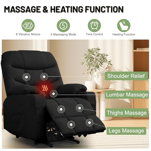 Korser Power Recliner Chair with Massage and Heating, Electric Recliner Chair for Elderly and Adults, Power Lift Recliner with Remote Control and Cup Holders for Living Room, Linen Fabric, Black