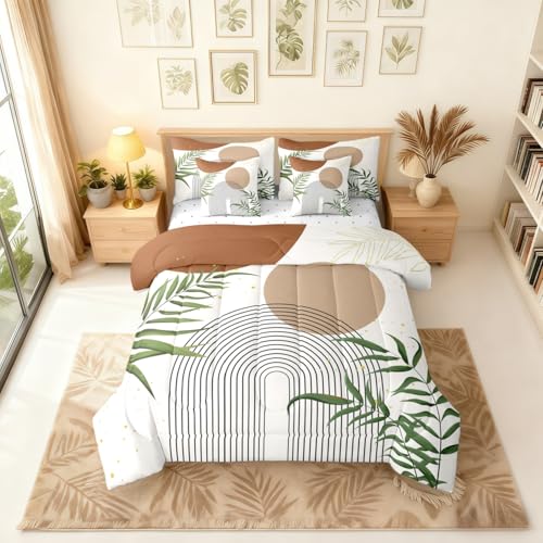 Erosebridal Boho Mid Century 7 Pcs Bedding Set Queen, Modern Bohemian Minimalist Comforter Set with Sheets, Abstract Geometric Bed in A Bag for Kids Adults, Retro Aesthetic Brown Circle Bed Sets Erosebridal