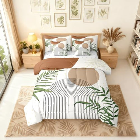 Erosebridal Boho Mid Century 7 Pcs Bedding Set Queen, Modern Bohemian Minimalist Comforter Set with Sheets, Abstract Geometric Bed in A Bag for Kids Adults, Retro Aesthetic Brown Circle Bed Sets Erosebridal