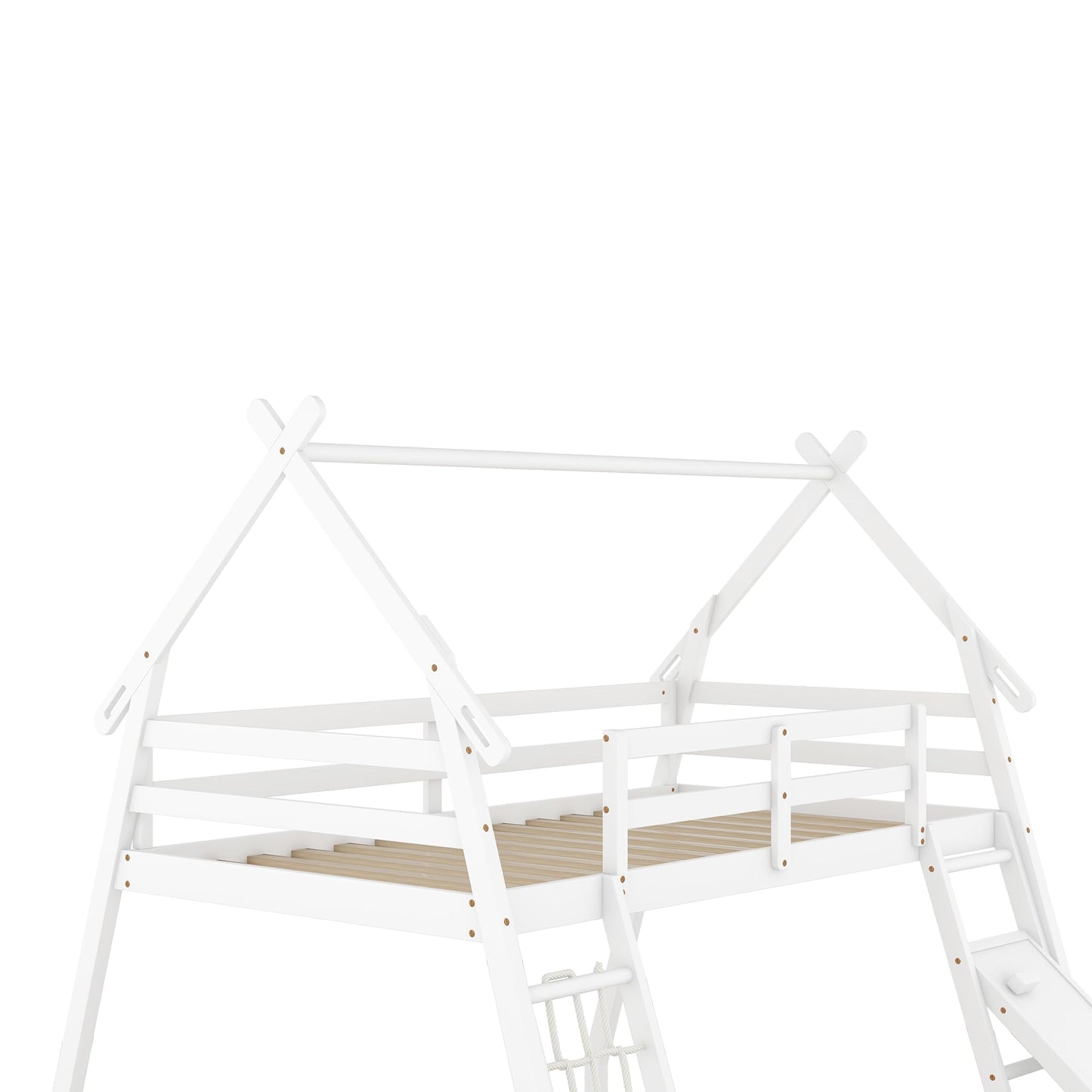 Merax Twin over Queen Solid Wood Bunk Bed with Climbing Ramp and Nets in White - WoodArtSupply