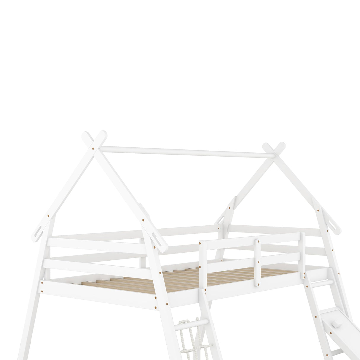 Merax Twin Over Queen House Bunk Bed Frame Solid Wood with Climbing Nets and Climbing Ramp for Boys Girls,Playroom,White Merax