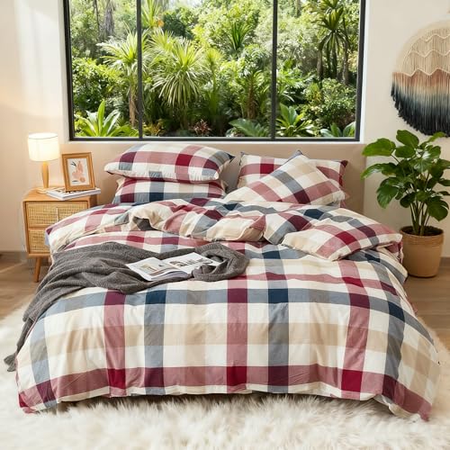DONEUS 100% Washed Cotton Duvet Cover Set Super Soft Breathable Comfy Natural Linen Like Textured Bedding Set 3 Pieces with 2 Pillow Shams (Blue Red Plaid, Queen) DONEUS