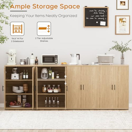Yechen 94.6" Fluted Sideboard Buffet Cabinet with Storage and 8 Doors, Mordern Credenza Storage Cabinet with Adjustable Shelves, Media Console Table, for Living Room Dinning Kitchen/Oak(2 PCS) Yechen