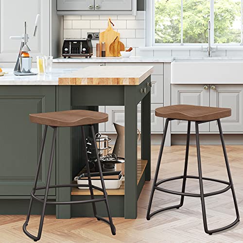 Awonde 26" Swivel Bar Stools Set of 2 Industrial Metal Counter Height Stools with Wood Top Matte Black Awonde