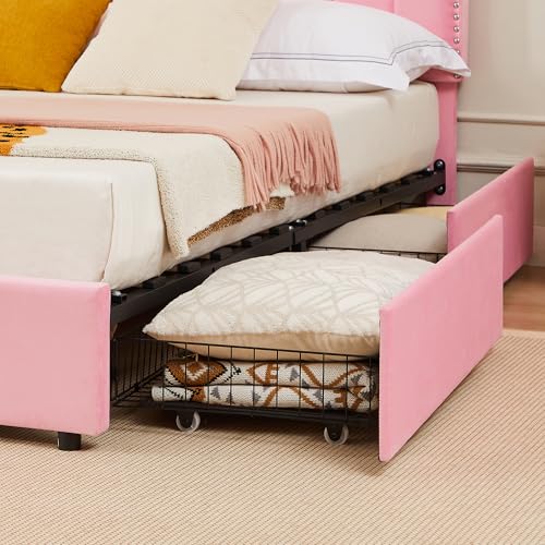 VECELO Full Size Upholstered Platform Bed Frame with 4 Drawers&Tufted Adjustable Headboard/Mattress Foundation/Wood Slat Support,Easy Assembly,Pink