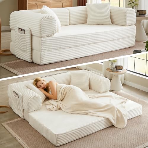 AUGOP Boneless Couch Folding Couches for Living Room Sofa, Futon Sofa Bed with Sleeper Sofa, Futon Couch with Fixed-Shape Oversized Corduroy Upholstered (White, 81 Inches) AUGOP
