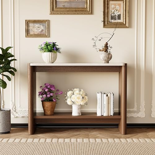 COSIEST 43.3" Farmhouse Console Table for Entryway, 2-Tier Sofa Table with Faux Stone Grain Top, Slim Accent Table for Hallway, Behind Couch, or Living Room, Brown Wood Look COSIEST
