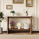COSIEST 43.3" Farmhouse Console Table for Entryway, 2-Tier Sofa Table with Faux Stone Grain Top, Slim Accent Table for Hallway, Behind Couch, or Living Room, Brown Wood Look COSIEST