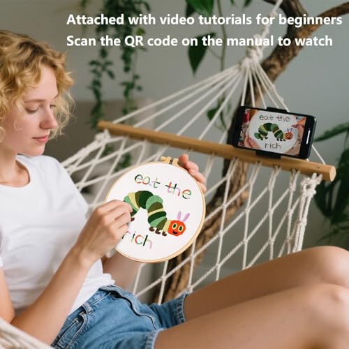 Hungry Caterpillar Embroidery Kits for Beginners Adults, Cute Embroidery Starter Kits, Counted Cross Stitch Kits for Beginners DIY Craft Kits for Adults Women, Embroidery Hoop, Thread & Video Tutorial