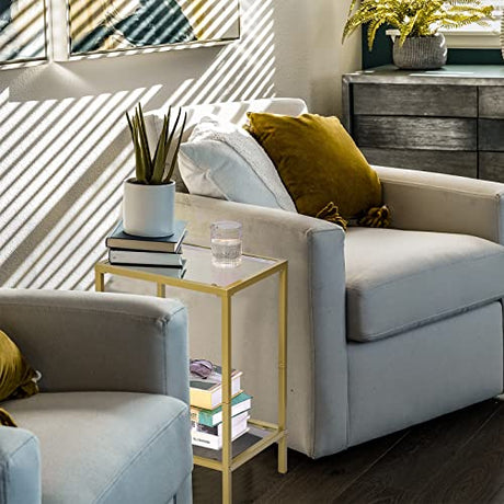 HOMSHO Side Tables Set of 2, End Tables with Tempered Glass, 2-Tier Nightstands with Storage Shelves, Coffee Table with Modern Style, Slim Sofa Table for Living Room, Bedroom, 11.8" D x 15" W, Golden HOMSHO