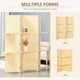 HOMCOM 4-Panel Folding Room Divider, 6 Ft Freestanding Bamboo Privacy Screen Panel with Storage Shelves for Bedroom or Office, Natural Wood Color HOMCOM