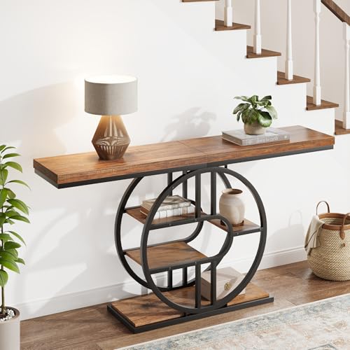 55" Industrial Narrow Entryway Table with 5-Tier Storage - Heavy-Duty o-Shaped Metal Frame Console Table for Hallway, Living Room & Couch Behind, Space-Saving Long Entrance Table for Small Spaces IDEALHOUSE