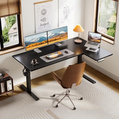OffiGo Electric L Shaped Standing Desk, 55 Inches Height Adjustable Table, Reversiable Corner Stand Up Desk, Lifting Computer Table for Home Office, Computer Workstation, Carbon Fiber Black OffiGo