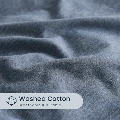 Wake In Cloud - Cotton Duvet Cover Set, Twin Size, Chambray Denim Blue, 100% Washed Cotton, Linen Like Textured, Breathable Percale Durable Comfy Farmhouse Neutral Bedding Set, 3 Pieces Wake In Cloud
